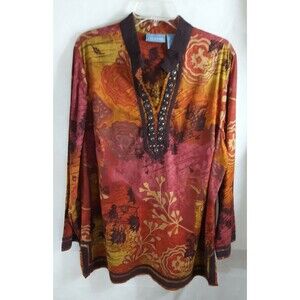 Liz & Me Floral Purple Geometric Orange 3/4 Sleeve Tunic Top Plus Size OX Sz 16